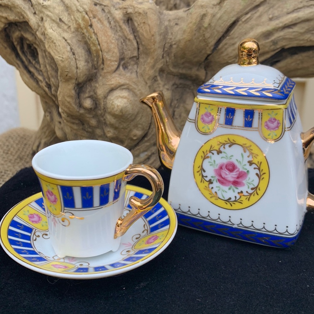 Russian Imperial Porcelain Miniature Tea Set - Roses, Gold & Blue Stripes